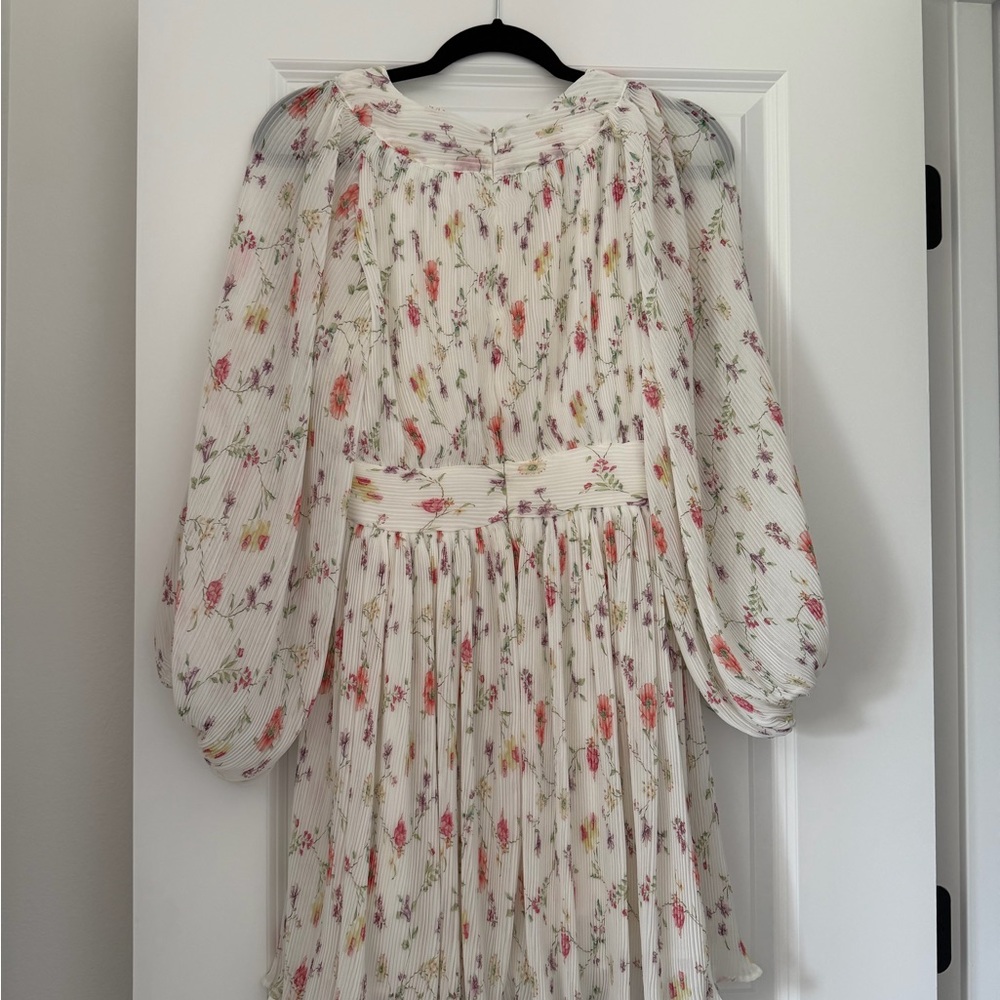 Anne Louise boutique Floral Pleated Ivory Dress with Puff Sleeves